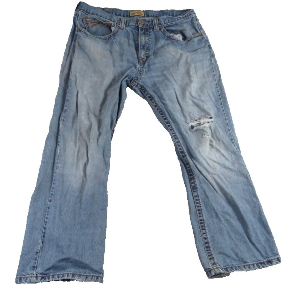 Wrangler 20X Men 37x28 Blue Denim Distressed Cowboy Work Bootcut Jeans Raw Pants